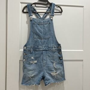 Madewell 1937 Womens Coverall Denim Bib Shorts Sz M Distressed Fray Pockets